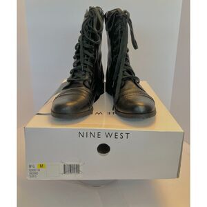 Nine West Ladies Black Leather lace up/side zip combat style boots EUC